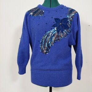 Vintage D.G. Blue Lambswool Angora Sequin Floral Knit Sweater Women's Size M